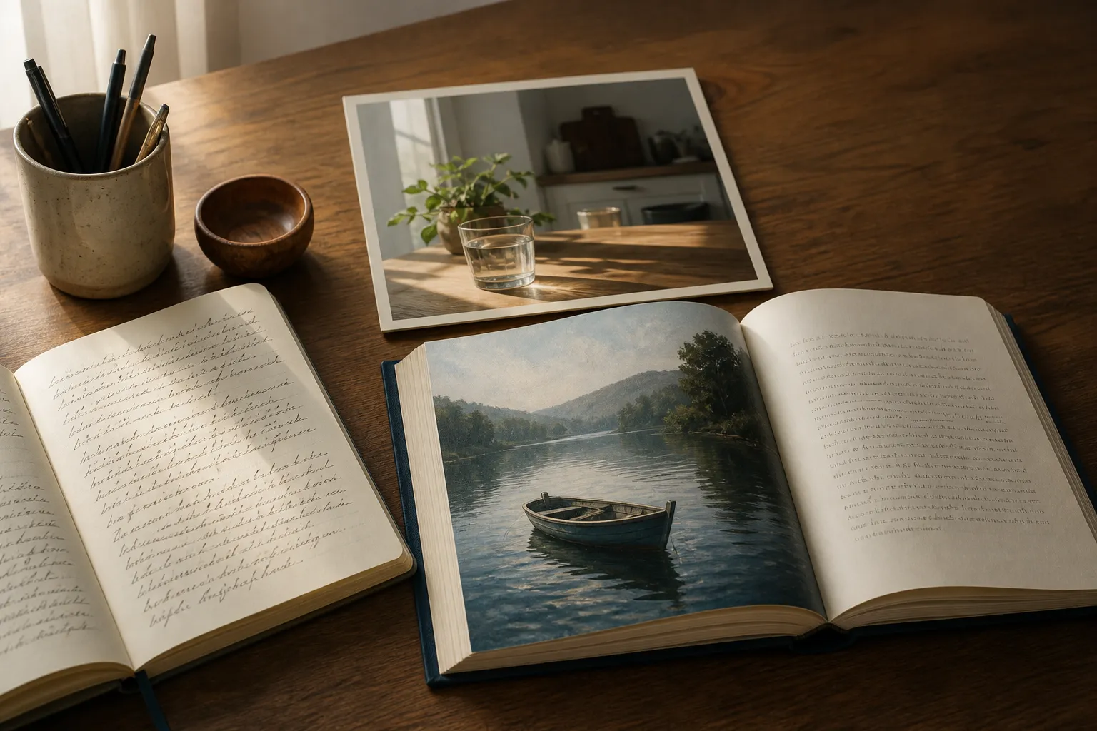 A notebook beside a kitchen still-life made for social, and an open book with a lake illustration opposite the text.