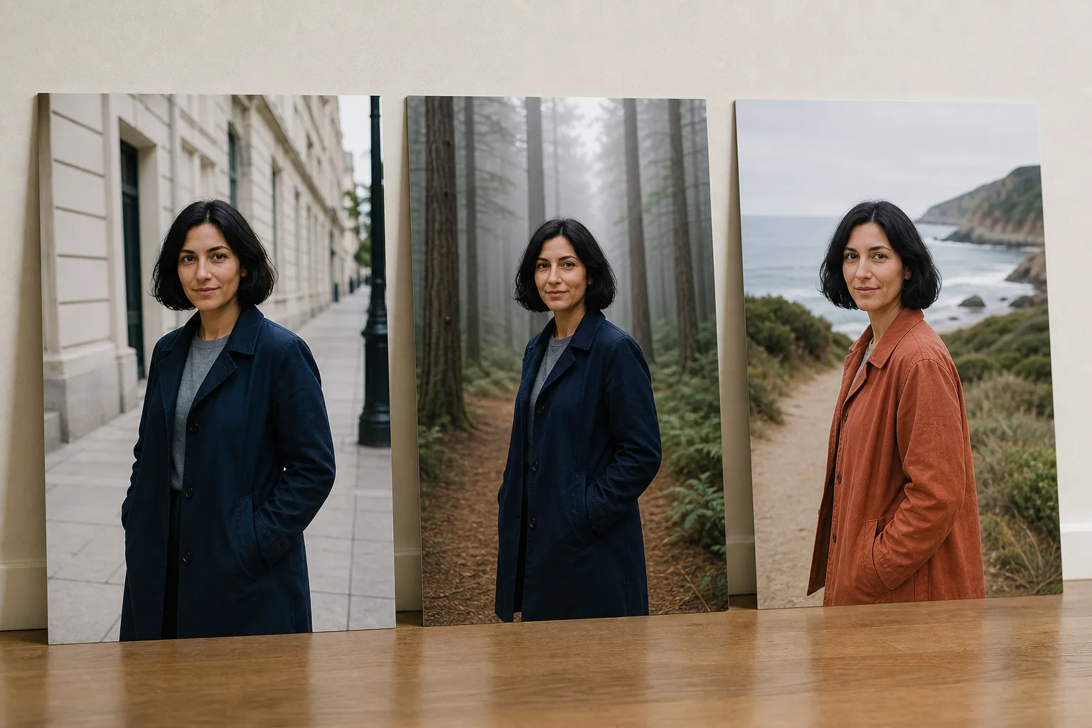Three prints of the same woman: alone on a street, in a pine forest, and in a different jacket on a coastal path.