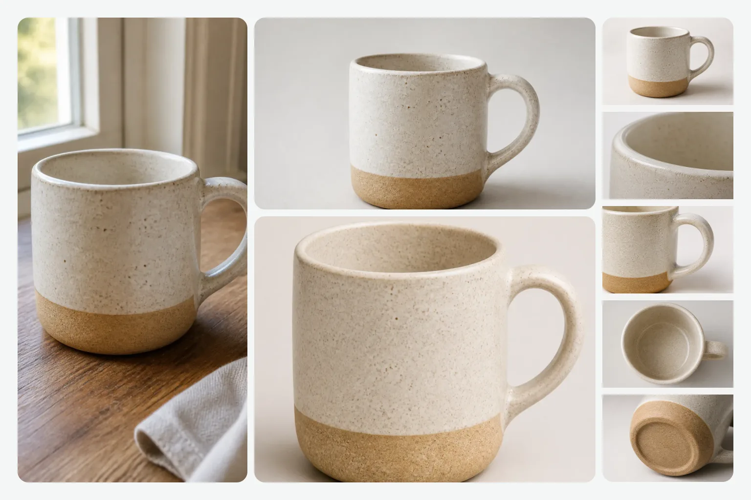 A real photo of a ceramic mug beside a landscape hero, a portrait hero, and a tall strip of product detail close-ups.