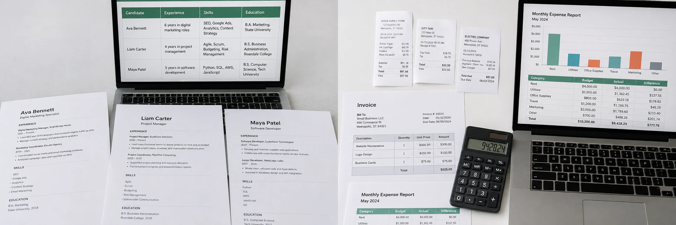 Invoices and receipts beside a monthly expense report with a chart and categorized totals.