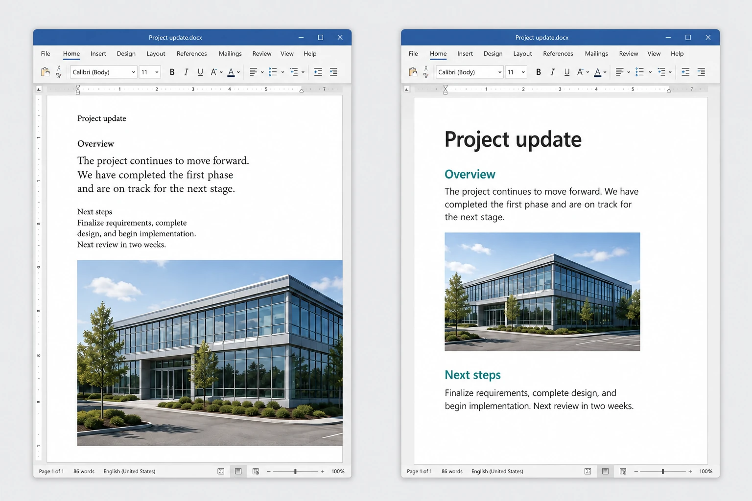 The same digital document before and after formatting: inconsistent font sizes and an oversized image become bold headings, consistent text, and a proportionally resized image.