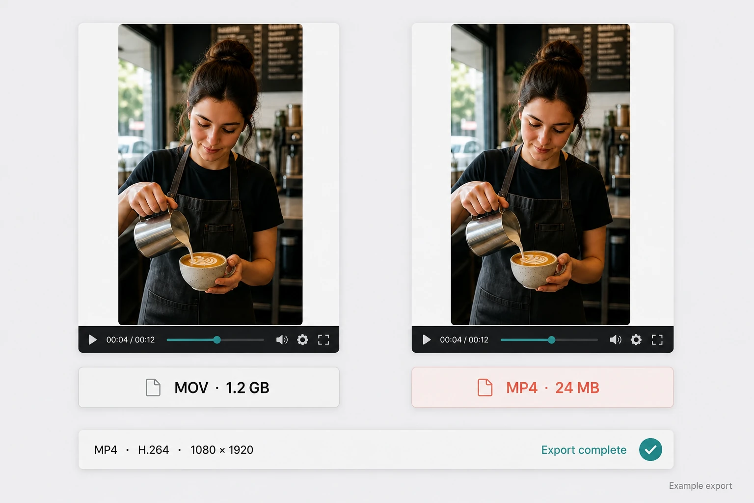 An example export converts a 1.2 GB MOV to a 24 MB H.264 MP4 for TikTok, keeping the same clear vertical video frame.