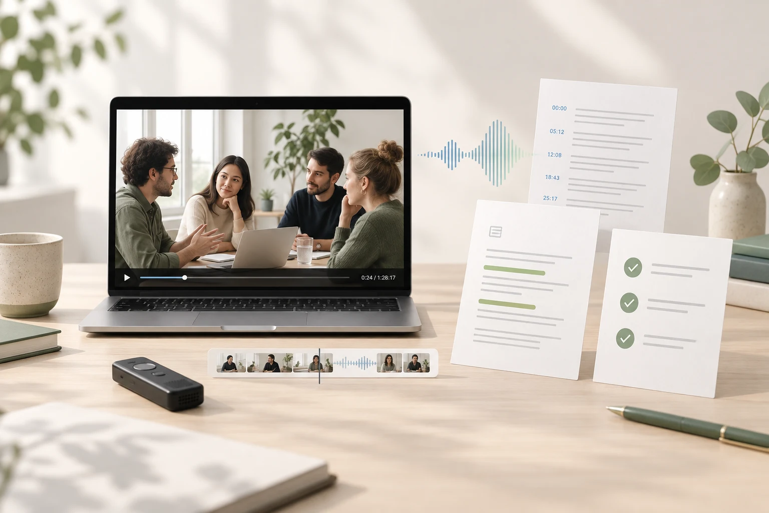 A meeting video, audio recorder, and waveform arranged with transcript pages, a summary, and a checklist on a light desk.