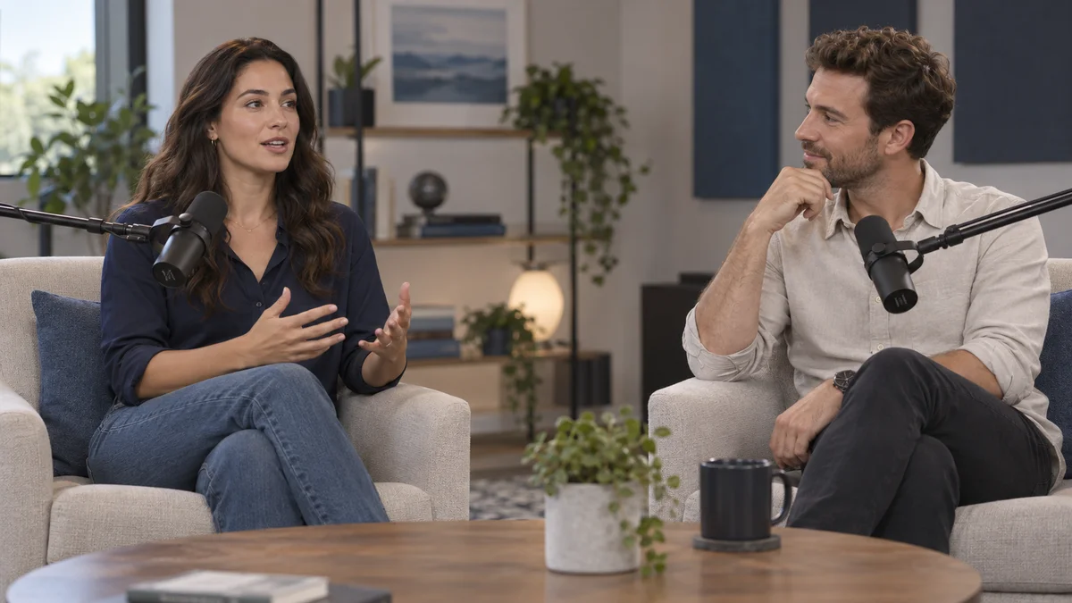 A guest speaking with an interviewer in a recording studio